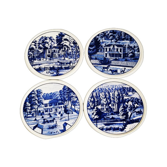 VTG Hallmark Coasters Set Of 4 Farm Scenery Missouri Round Blue and White - Picture 2 of 7